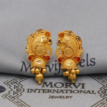 22k Yellow Gold Dangle Stud Tops Earrings Indian Jewelry with beads , Vintage Tribal Traditional handmade jewelry  Made In India, K6100