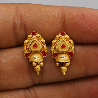22k Yellow Gold Dangle Stud Tops Earrings Indian Jewelry with beads , Vintage Tribal Traditional handmade jewelry  Made In India, K6102