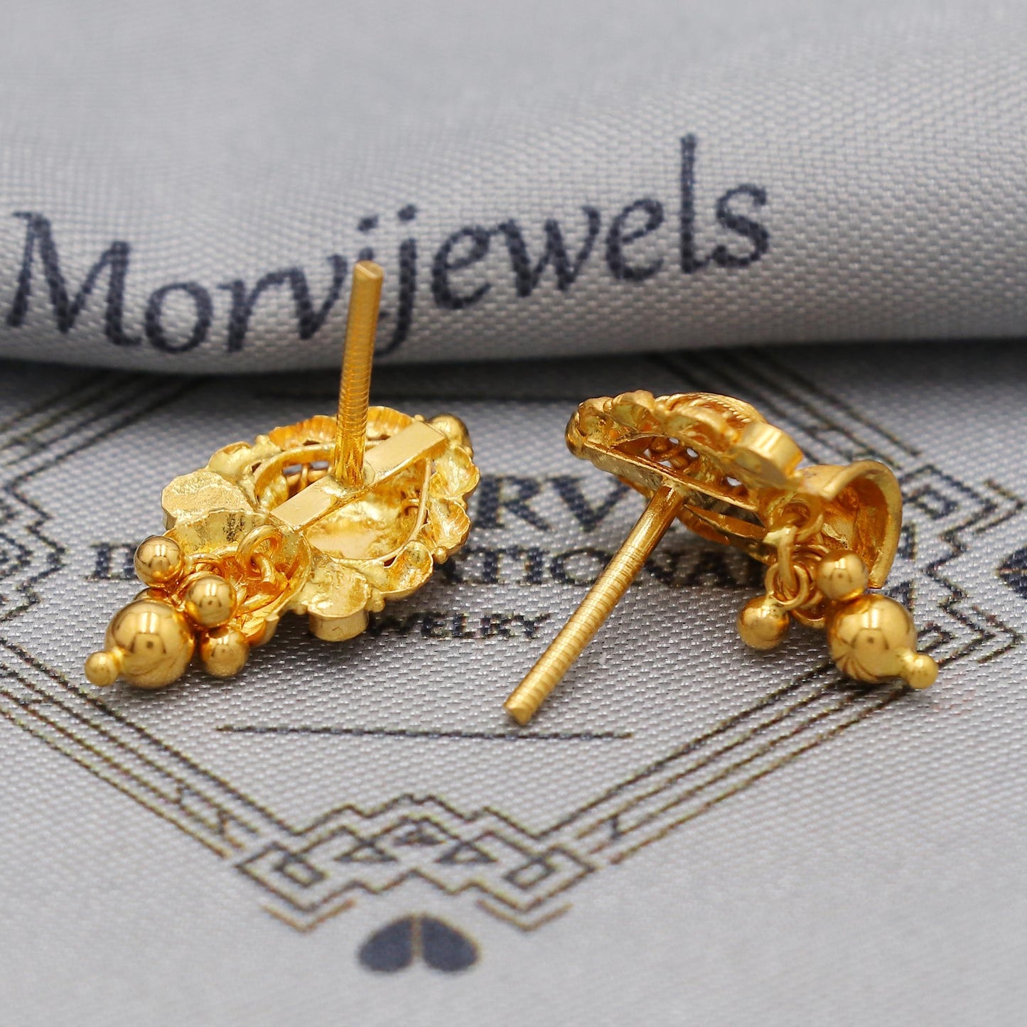 22k Yellow Gold Dangle Stud Tops Earrings Indian Jewelry with beads , Vintage Tribal Traditional handmade jewelry  Made In India, K6102