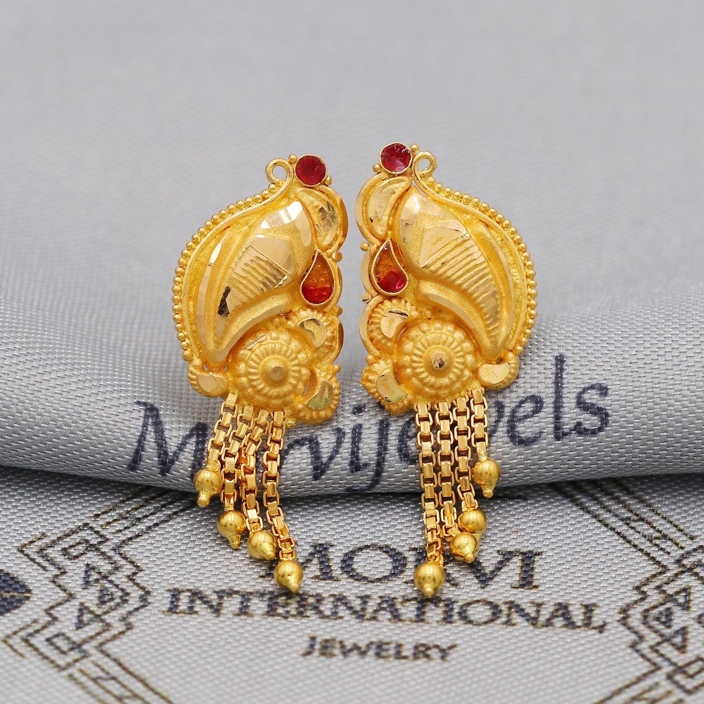 22k Yellow Gold Dangle Stud Tops Earrings Indian Jewelry with chains , Vintage Tribal Traditional handmade jewelry  Made In India, K6106