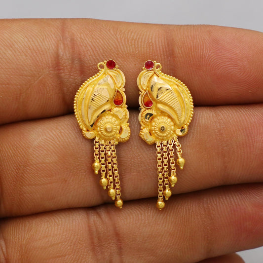 22k Yellow Gold Dangle Stud Tops Earrings Indian Jewelry with chains , Vintage Tribal Traditional handmade jewelry  Made In India, K6106