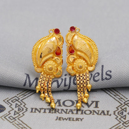 22k Yellow Gold Dangle Stud Tops Earrings Indian Jewelry with chains , Vintage Tribal Traditional handmade jewelry  Made In India, K6106