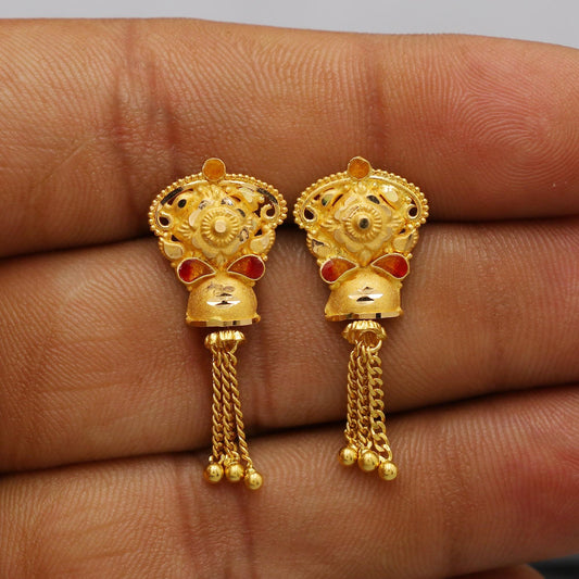 22k Yellow Gold Dangle Stud Tops Earrings Indian Jewelry with chains , Vintage Tribal Traditional handmade jewelry  Made In India, K6108