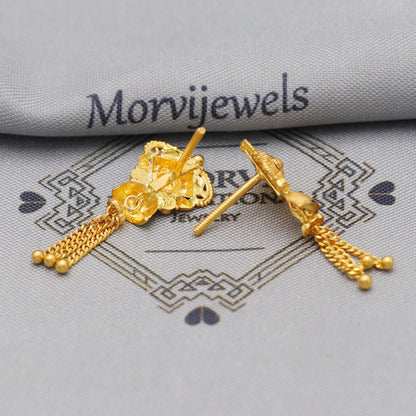 22k Yellow Gold Dangle Stud Tops Earrings Indian Jewelry with chains , Vintage Tribal Traditional handmade jewelry  Made In India, K6108