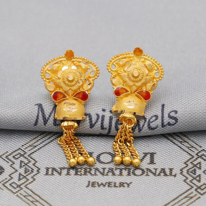 22k Yellow Gold Dangle Stud Tops Earrings Indian Jewelry with chains , Vintage Tribal Traditional handmade jewelry  Made In India, K6108