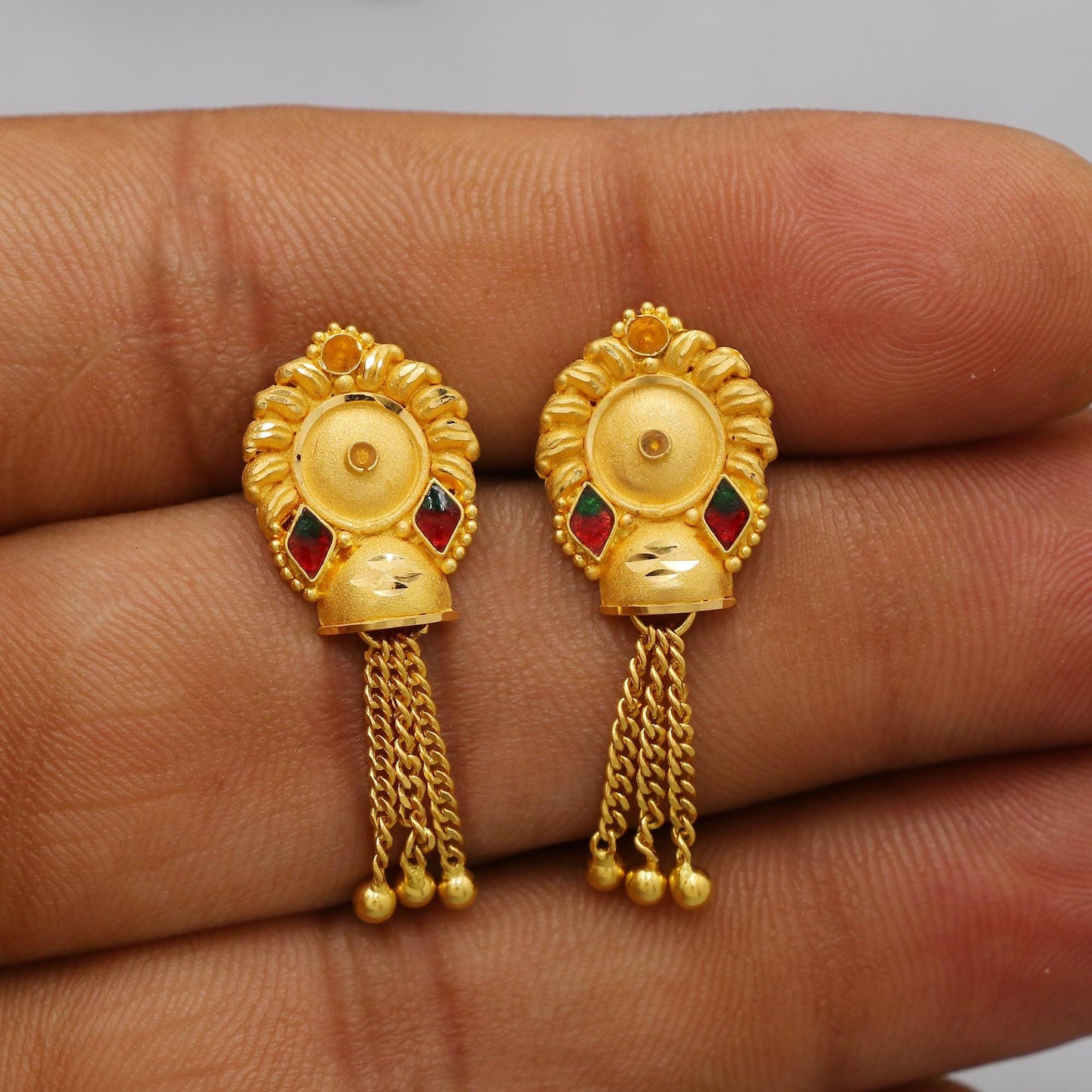 22k Yellow Gold Dangle Stud Tops Earrings Indian Jewelry with chains , Vintage Tribal Traditional handmade jewelry  Made In India, K6109
