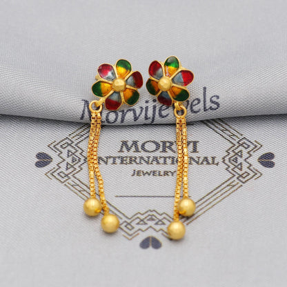 22k Yellow Gold Dangle long Earrings Jewelry with chains , Vintage Tribal Traditional handmade jewelry, Enamel Flower Meena, K6110