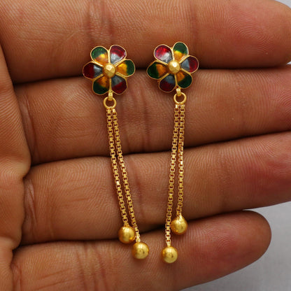 22k Yellow Gold Dangle long Earrings Jewelry with chains , Vintage Tribal Traditional handmade jewelry, Enamel Flower Meena, K6110