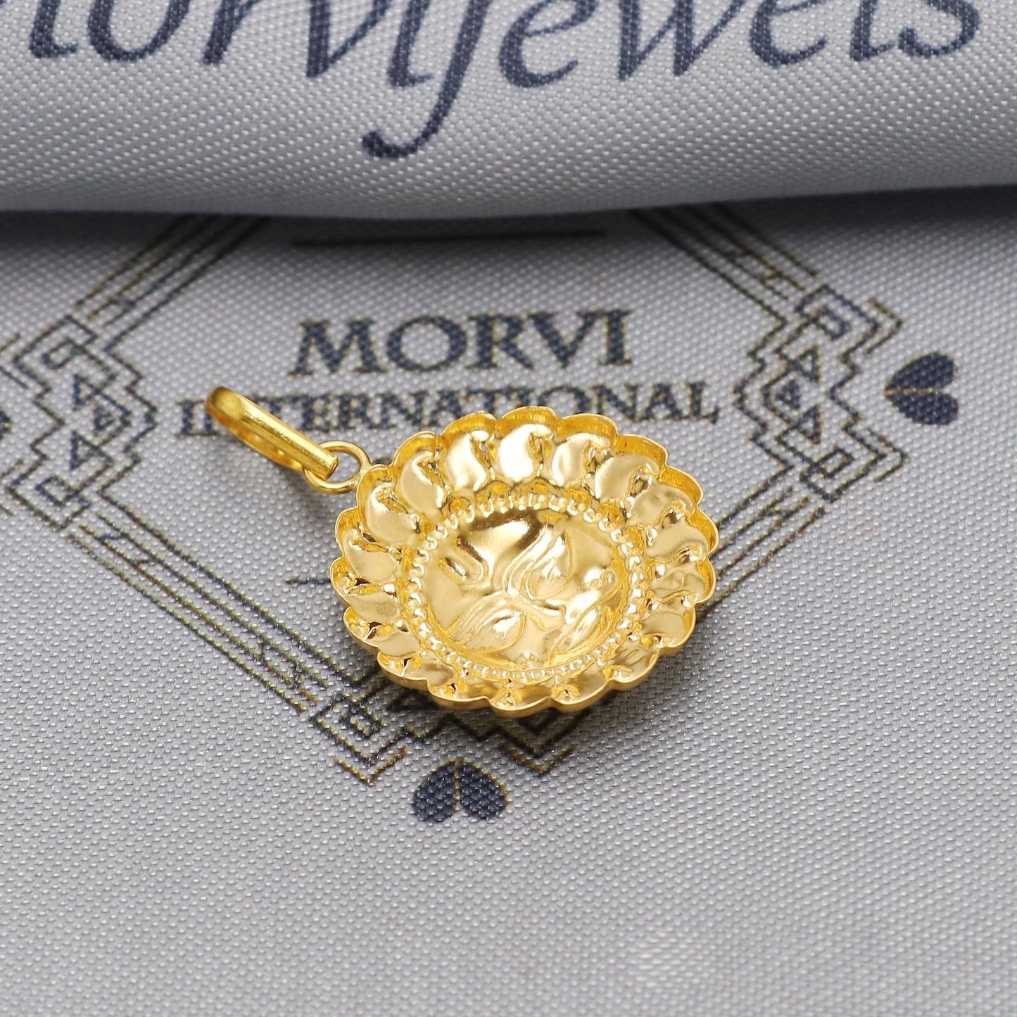 20k Yellow Gold Sun Face Pendant: Indian Surya Dev Jewelry, Engraved Gold Charms