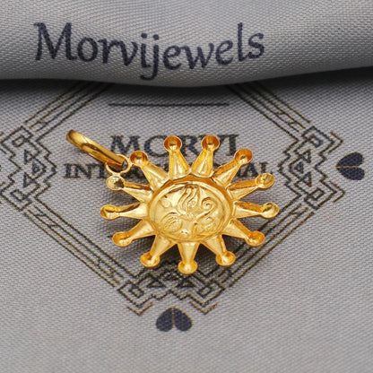 20k/18k Yellow Gold Sun Face Pendant: Indian Surya Dev Jewelry, K6363