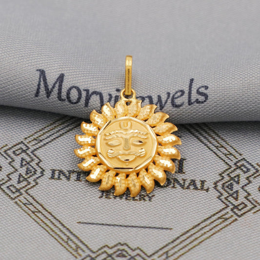 20k/18k Yellow Gold Sun Face Pendant: Indian Surya Dev Jewelry, K6369