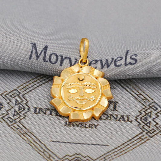 thin dainty 18k gold pendant sun moon face, Handmade Carved design India Pendant Locket, K6438