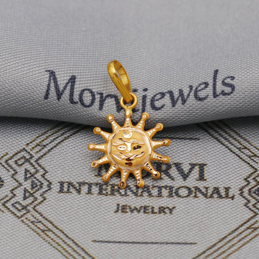 20k Yellow Gold Sun Face Pendant: Indian Sun Star Locket Jewelry, Hand carved light weight thin amulet, K6439