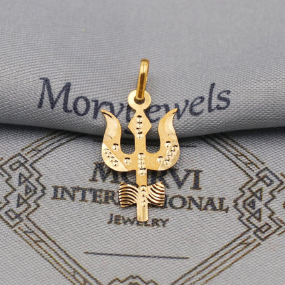 20k/18k Yellow Gold Trishool Shiva Pendant: Indian God Trident Jewelry, Light Weight Dainty Carved Locket amulet, K6440