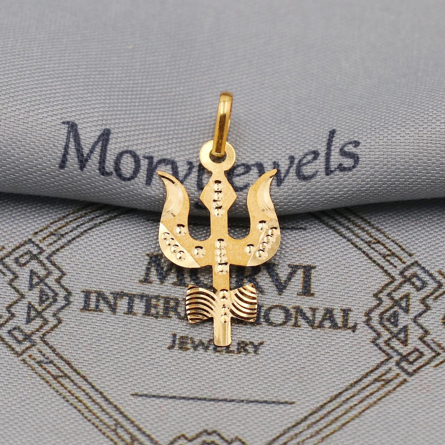 20k/18k Yellow Gold Trishool Shiva Pendant: Indian God Trident Jewelry, Light Weight Dainty Carved Locket amulet, K6440