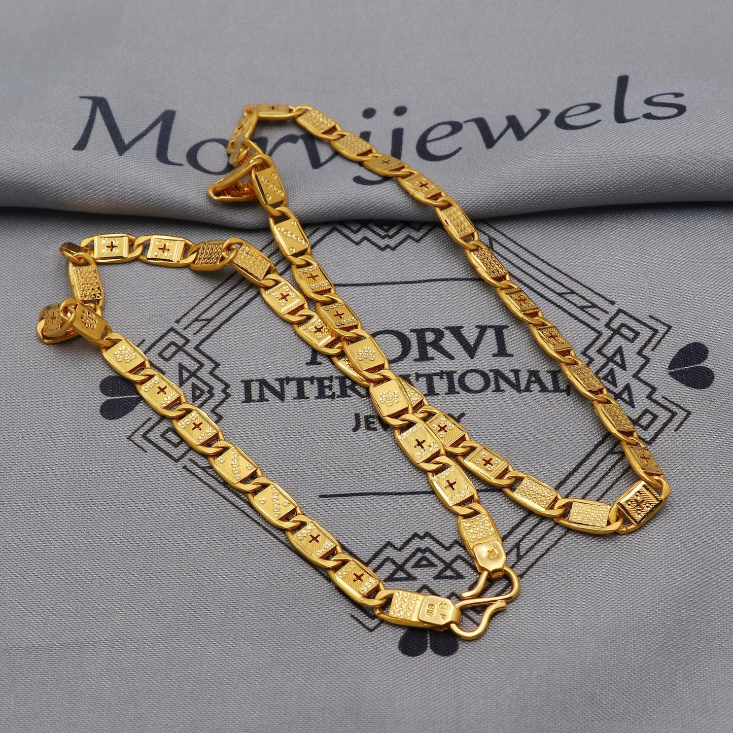 22K Gold curb link chain with panel overlays , Yellow Gold Capped Chain, Nawabi Flat Indian Necklace, unisex chain Necklace Jewelry, K6036