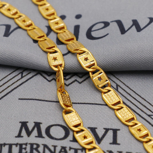 22K Gold curb link chain with star panel overlays , Yellow Gold Capped Chain, Nawabi Flat Indian Necklace, real gold chain Necklace, K6043