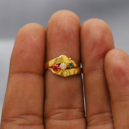 Dainty Three stone 22kt 22k Solid Yellow Gold Handmade Small Dainty Ring Jewelry, K6203