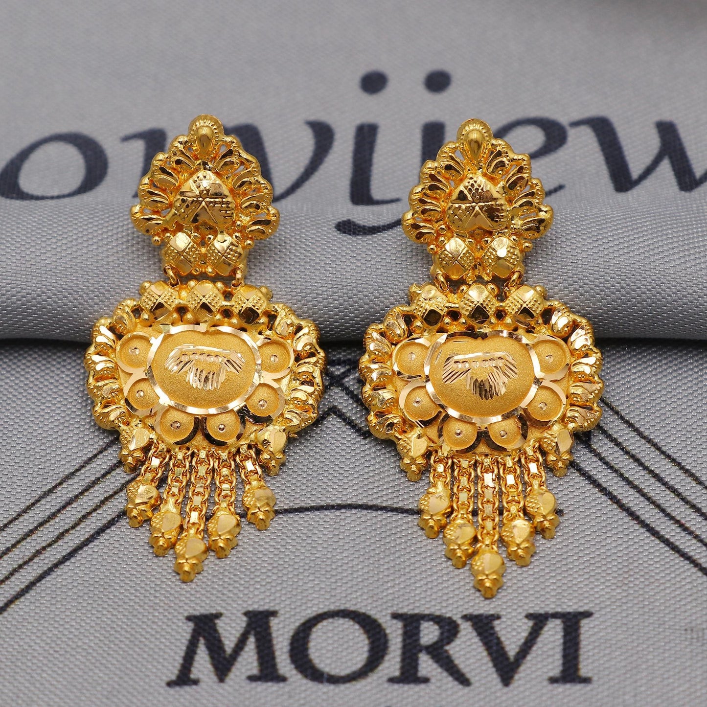 22k Yellow Gold Earrings Necklace set Gift, vintage 22k karat 22kt 22ct Indian Gold Handmade wedding necklace indian Jewelry for gift, K6050