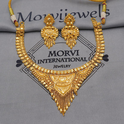 22k Yellow Gold Earrings Necklace set Gift, vintage 22k karat 22kt 22ct Indian Gold Handmade wedding necklace indian Jewelry for gift, K6050