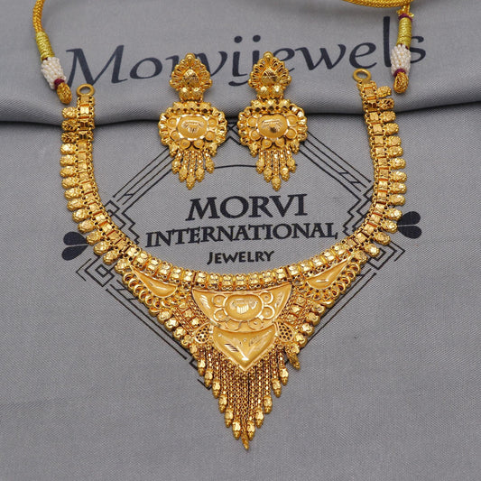 22k Yellow Gold Earrings Necklace set Gift, vintage 22k karat 22kt 22ct Indian Gold Handmade wedding necklace indian Jewelry for gift, K6050