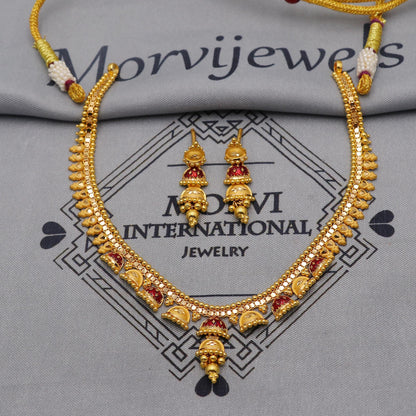 22k Yellow Gold Earrings Necklace set Gift, vintage 22k karat 22kt 22ct Indian Gold Handmade wedding necklace indian Jewelry for gift, K6052