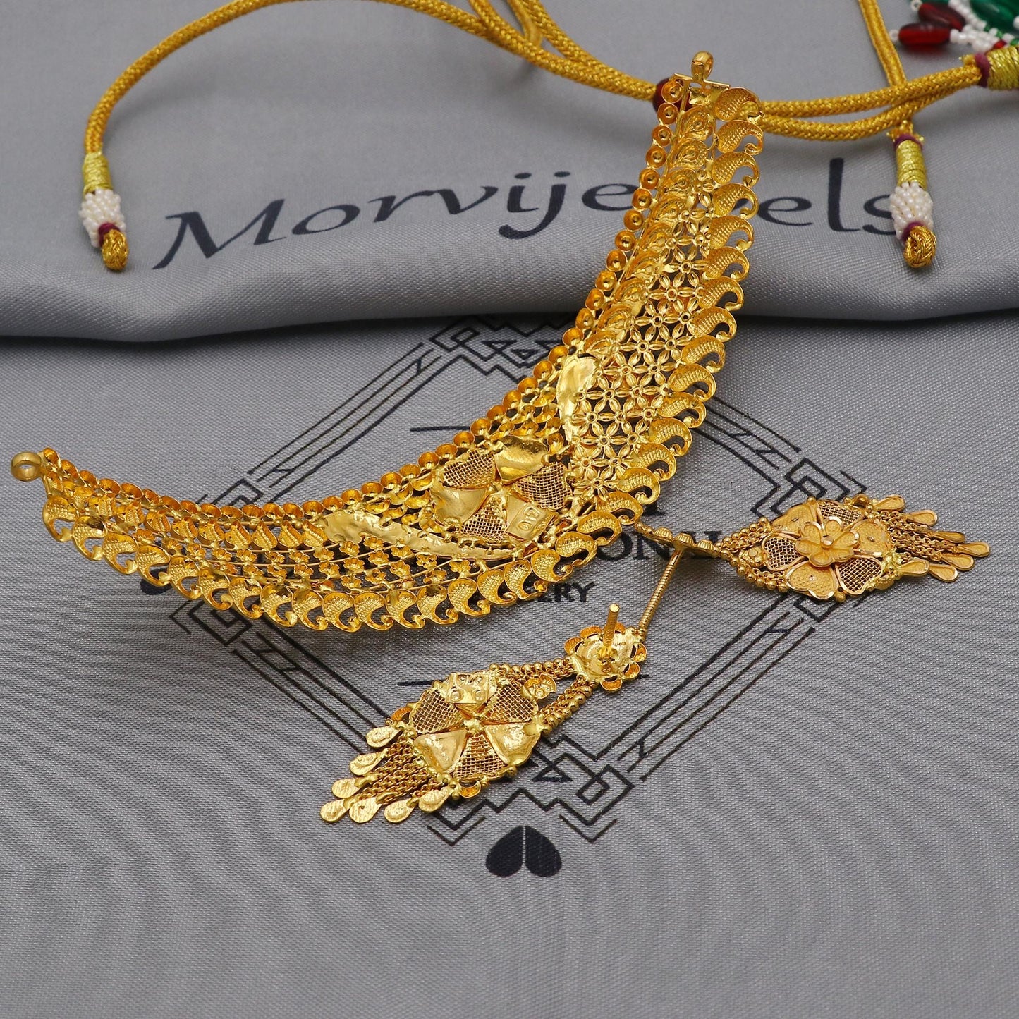 22k Yellow Gold Necklace Earrings set Gift, vintage 22k karat 22kt 22ct Indian Gold Handmade wedding necklace indian Jewelry for gift, K6053