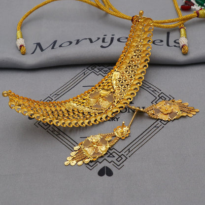 22k Yellow Gold Necklace Earrings set Gift, vintage 22k karat 22kt 22ct Indian Gold Handmade wedding necklace indian Jewelry for gift, K6053