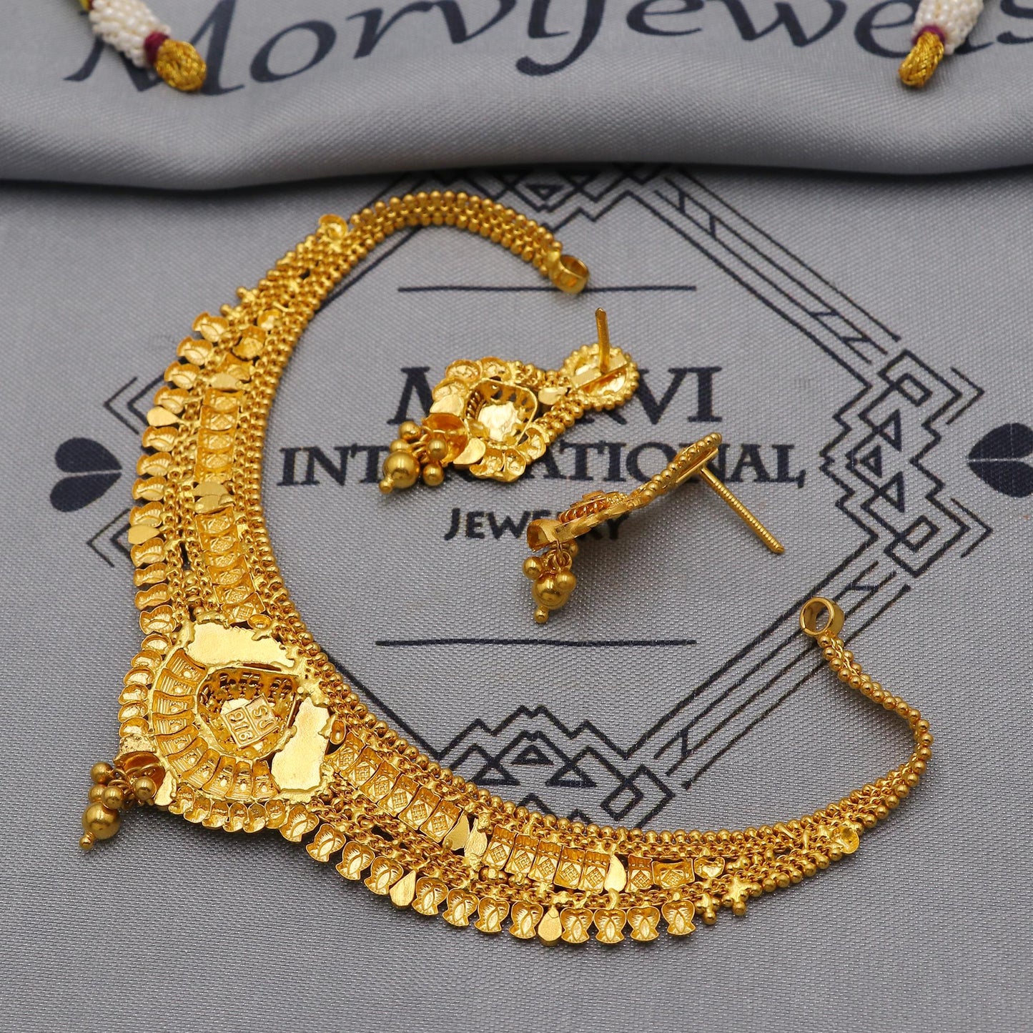 22k Yellow Gold Necklace Earrings set Gift, vintage 22k karat 22kt 22ct Indian Gold Handmade wedding necklace indian Jewelry for gift, K6056