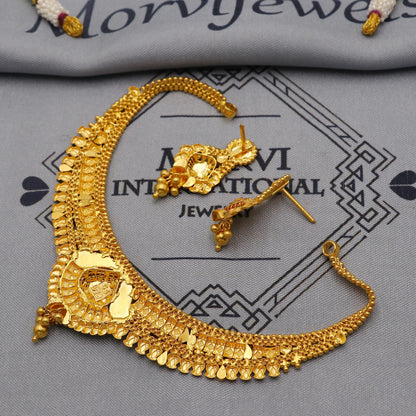 22k Yellow Gold Necklace Earrings set Gift, vintage 22k karat 22kt 22ct Indian Gold Handmade wedding necklace indian Jewelry for gift, K6056