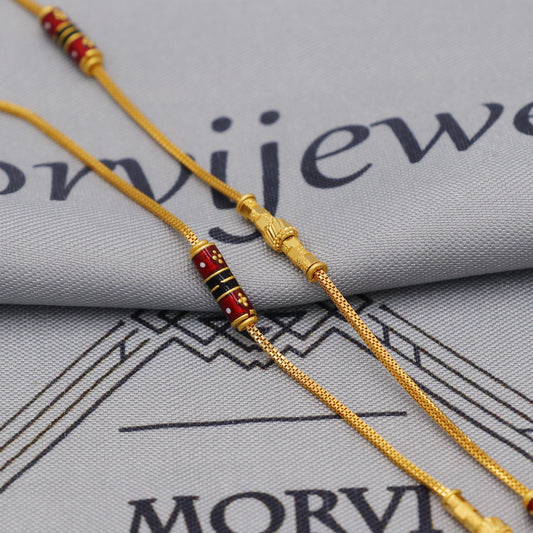 Pure Gold Necklace Box Chain in 22k Yellow Gold, Designer Gold Bead Style Chain, indian red enamel gold chain necklace jewelry, beads chain