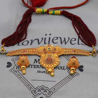 22k Yellow Gold Choker Necklace Earrings set Gift, vintage 22k karat 22kt 22ct Indian Gold Handmade wedding necklace indian Jewelry, K6086