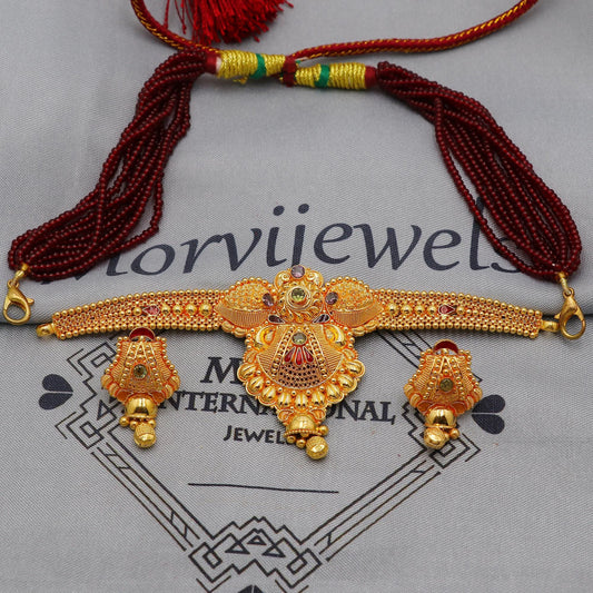 22k Yellow Gold Choker Necklace Earrings set Gift, vintage 22k karat 22kt 22ct Indian Gold Handmade wedding necklace indian Jewelry, K6086