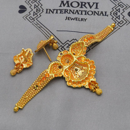 22k Yellow Gold Choker Necklace Earrings set Gift, vintage 22k karat 22kt 22ct Indian Gold Handmade wedding necklace indian Jewelry, K6086