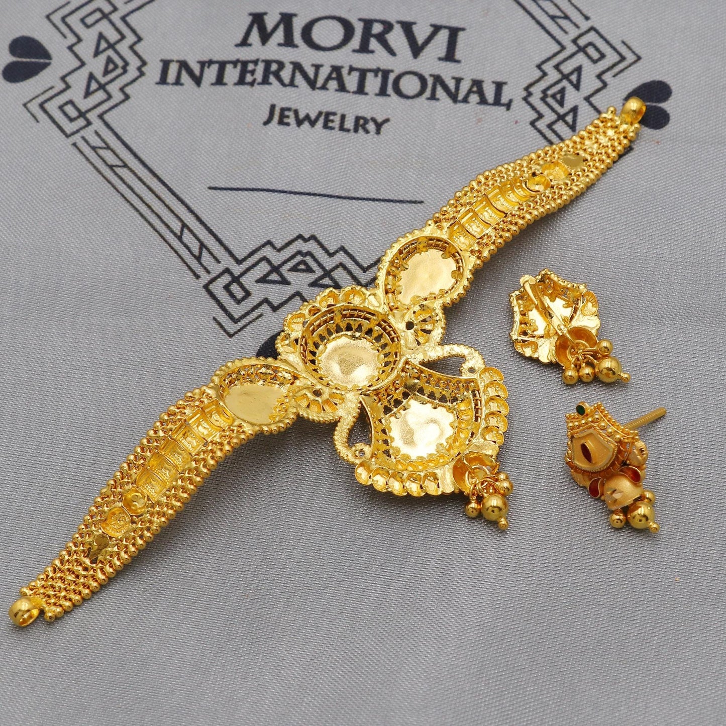 Indian 22k Yellow Gold Necklace Earrings Set Gift, vintage 22k karat 22kt 22ct Indian Gold Handmade wedding necklace Jewelry, K6087