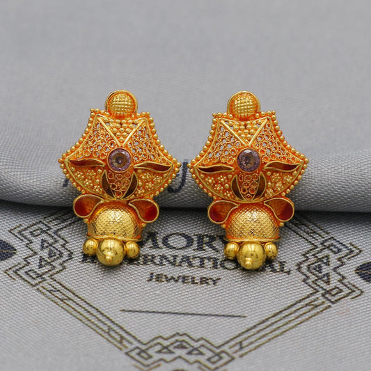 22k Yellow Gold Dangle Earrings Indian Jewelry with beads , Vintage Tribal Traditional handmade jewelry  Made In India, K6089A