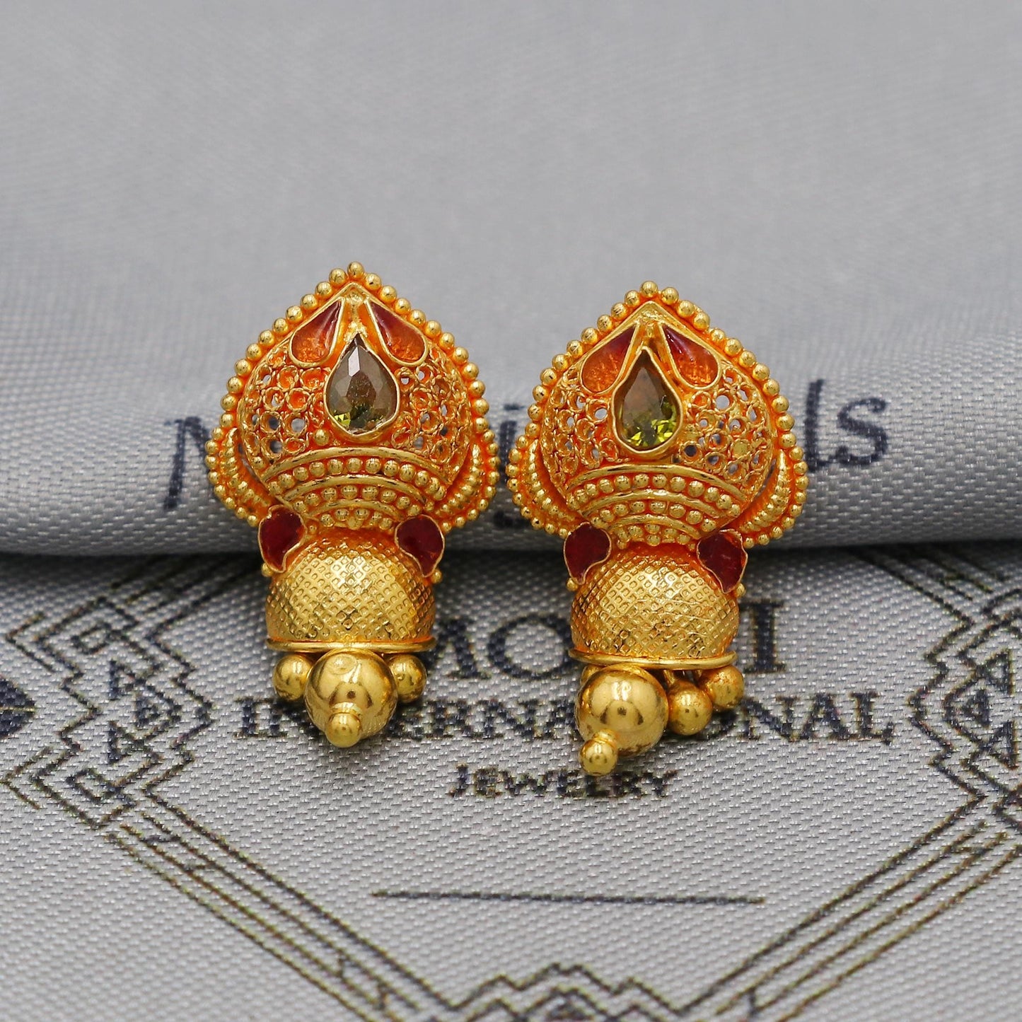 22k Yellow Gold Dangle Earrings Indian Jewelry with beads , Vintage Tribal Traditional handmade jewelry  Made In India, K6090A