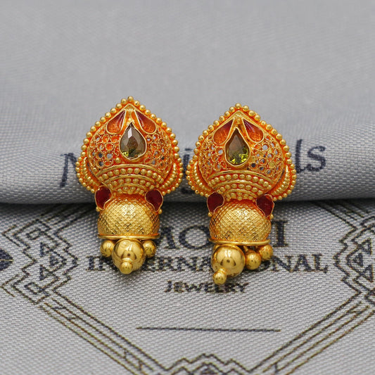 22k Yellow Gold Dangle Earrings Indian Jewelry with beads , Vintage Tribal Traditional handmade jewelry  Made In India, K6090A