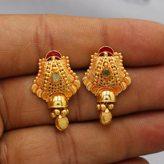 22k Yellow Gold  Earrings Indian Jewelry with beads , Vintage Tribal Traditional handmade jewelry  Made In India, K6091A