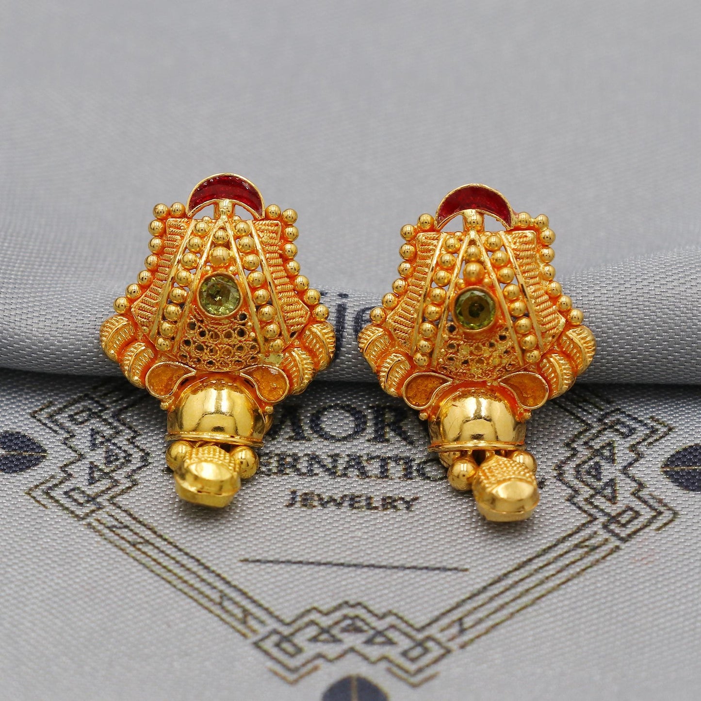 22k Yellow Gold  Earrings Indian Jewelry with beads , Vintage Tribal Traditional handmade jewelry  Made In India, K6091A