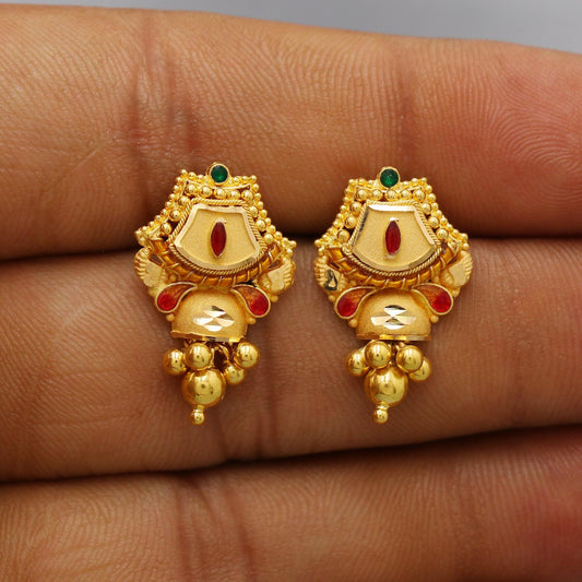 22k Yellow Gold Dangle Stud Tops Earrings Indian Jewelry with beads , Vintage Tribal Traditional handmade jewelry  Made In India, K6092A