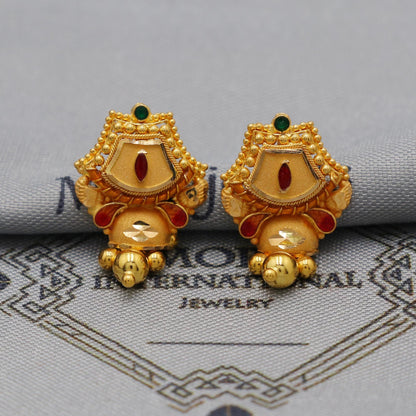 22k Yellow Gold Dangle Stud Tops Earrings Indian Jewelry with beads , Vintage Tribal Traditional handmade jewelry  Made In India, K6092A