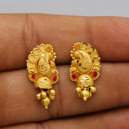 22k Yellow Gold Dangle Stud Tops Earrings Indian Jewelry with beads , Vintage Tribal Traditional handmade jewelry  Made In India, K6094