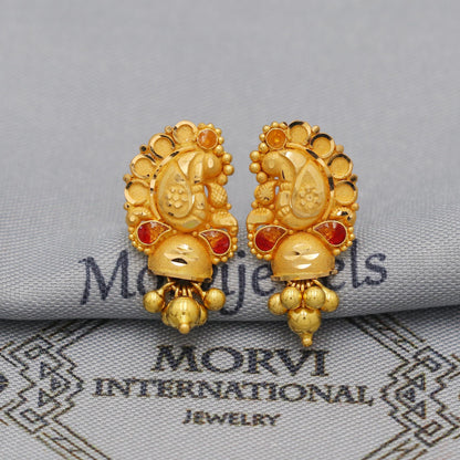 22k Yellow Gold Dangle Stud Tops Earrings Indian Jewelry with beads , Vintage Tribal Traditional handmade jewelry  Made In India, K6094