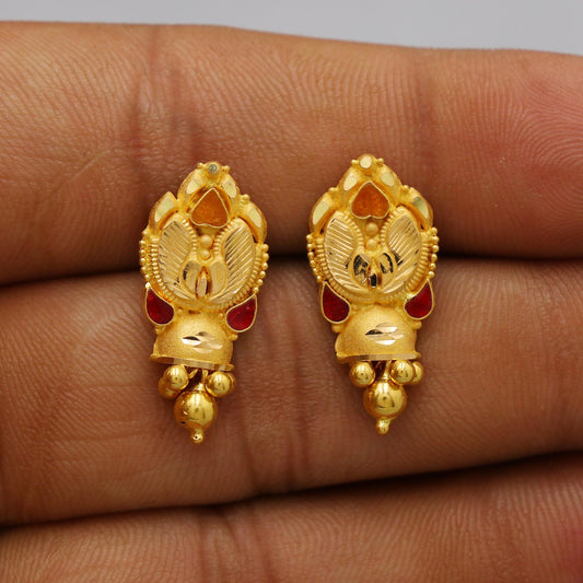 22k Yellow Gold Dangle Stud Tops Earrings Indian Jewelry with beads , Vintage Tribal Traditional handmade jewelry  Made In India, K6097