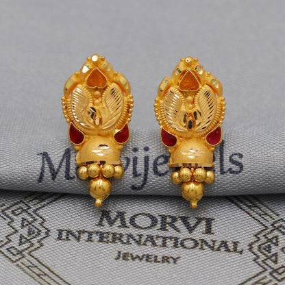 22k Yellow Gold Dangle Stud Tops Earrings Indian Jewelry with beads , Vintage Tribal Traditional handmade jewelry  Made In India, K6097