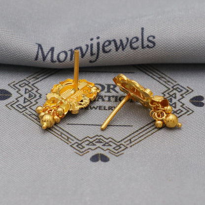 22k Yellow Gold Dangle Stud Tops Earrings Indian Jewelry with beads , Vintage Tribal Traditional handmade jewelry  Made In India, K6100