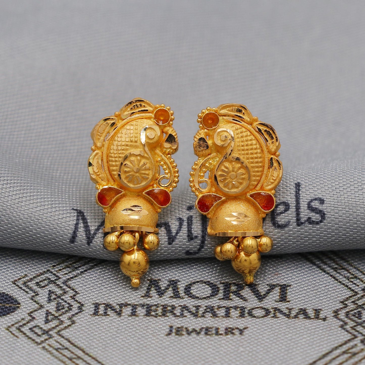 22k Yellow Gold Dangle Stud Tops Earrings Indian Jewelry with beads , Vintage Tribal Traditional handmade jewelry  Made In India, K6100