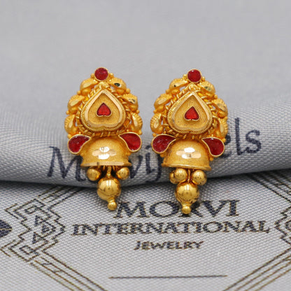 22k Yellow Gold Dangle Stud Tops Earrings Indian Jewelry with beads , Vintage Tribal Traditional handmade jewelry  Made In India, K6102