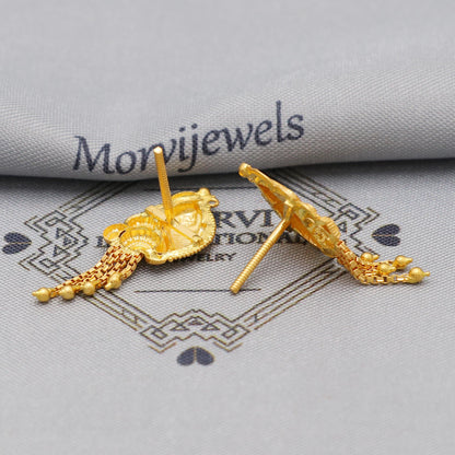 22k Yellow Gold Dangle Stud Tops Earrings Indian Jewelry with chains , Vintage Tribal Traditional handmade jewelry  Made In India, K6106